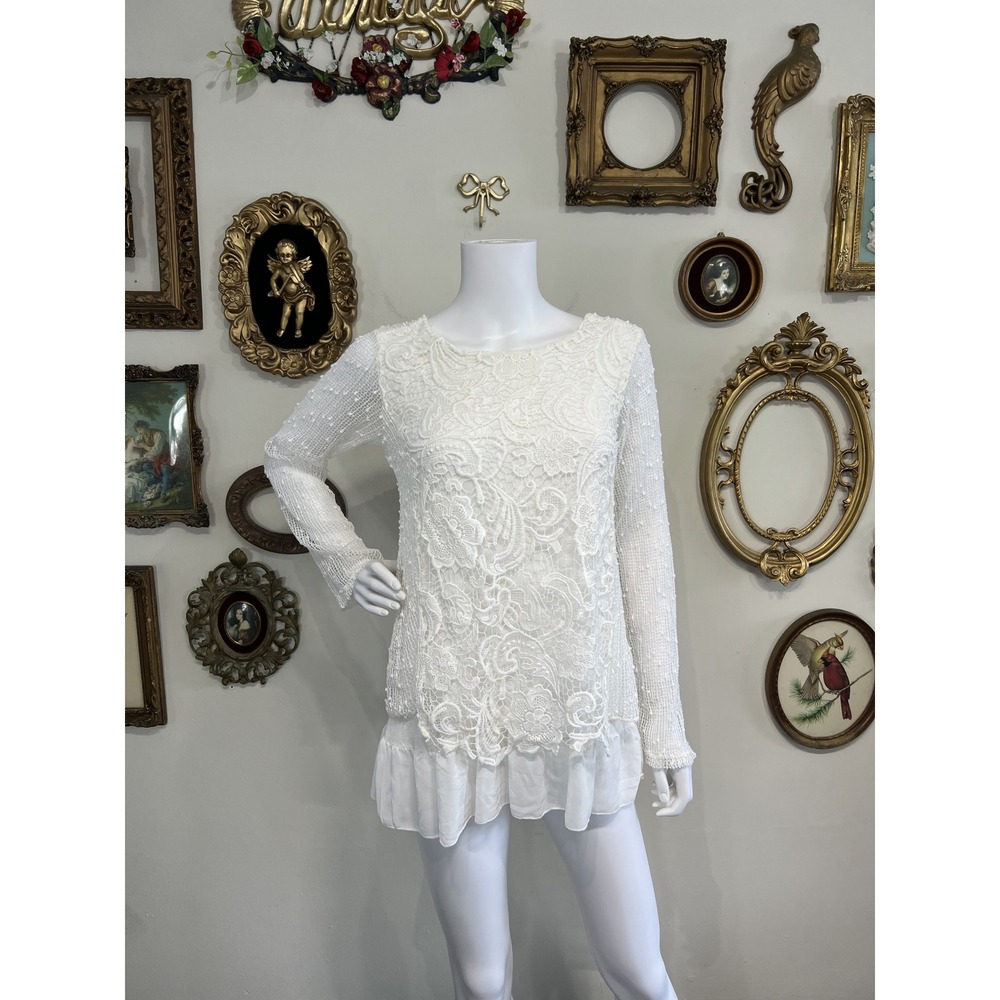 Lola Italy Lace Overlay Knit Layered Tunic Top Size Small White